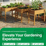 Wooden raised garden beds with plants on a gravel surface, promotional text for customizable gardening experience.