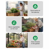 Collage of people gardening with text on growing herbs, vegetables, and flowers.