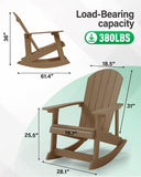 Brown outdoor rocking chair shown with dimension callouts and text indicating load-bearing capacity of 380LBS. The image includes a smaller side view at top left and a larger front view at bottom right on a light gray background with a pale green curved shape behind the main chair.