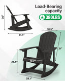 Black outdoor Adirondack-style rocking chair shown with dimension callouts and load-bearing capacity text. The image includes a smaller top-down view of the chair and a larger front view with measurements for height, width, and seat depth, plus a green '380LBS' badge.