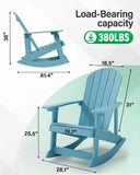 A light blue wooden Adirondack-style rocking chair shown with dimension callouts and text indicating load-bearing capacity of 380LBS. The image includes a smaller side/top view of the chair and a larger front view with measurements for height, width, and seat depth on a pale green and white background.