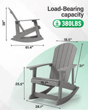 Gray rocking chair with dimensions and load-bearing capacity label on a white background