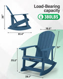 Blue rocking chair with dimensions and load-bearing capacity label on a white background