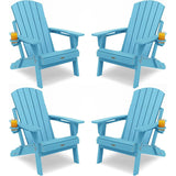 Four blue Adirondack chairs with cup holders on a white background