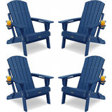 Four blue Adirondack chairs with cup holders on a white background