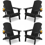 Four black Adirondack chairs with cup holders on a white background