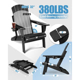 Black Adirondack chair with measurements and load-bearing capacity details on a white background Material	High Density Polyethylene (HDPE)
Product Dimensions	31"D x 28"W x 38"H