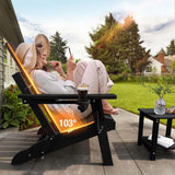 Person sitting in a black Adirondack chair with digital display on a patio, holding a drink.