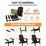 Black Adirondack chair set with assembly tools and instructions on a white background