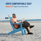 Man sitting on a blue chair on a beach with text about HDPE comfortable seat dimensions.