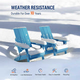 Two blue chairs with white cushions in the snow, emphasizing weather resistance.