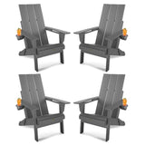 Four gray Adirondack chairs with cup holders on a white background