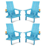 Four blue Adirondack chairs with cup holders on a white background