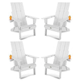 Four white Adirondack chairs with cup holders on a white background