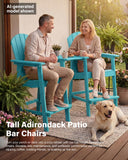 Two people sitting on tall Adirondack patio bar chairs with a dog on a wooden deck.