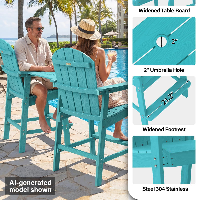 Teal outdoor chairs and table set with people sitting at a poolside, featuring product details on widened table board, umbrella hole, footrest, and stainless steel material.
