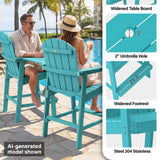 Teal outdoor chairs and table set with people sitting at a poolside, featuring product details on widened table board, umbrella hole, footrest, and stainless steel material.