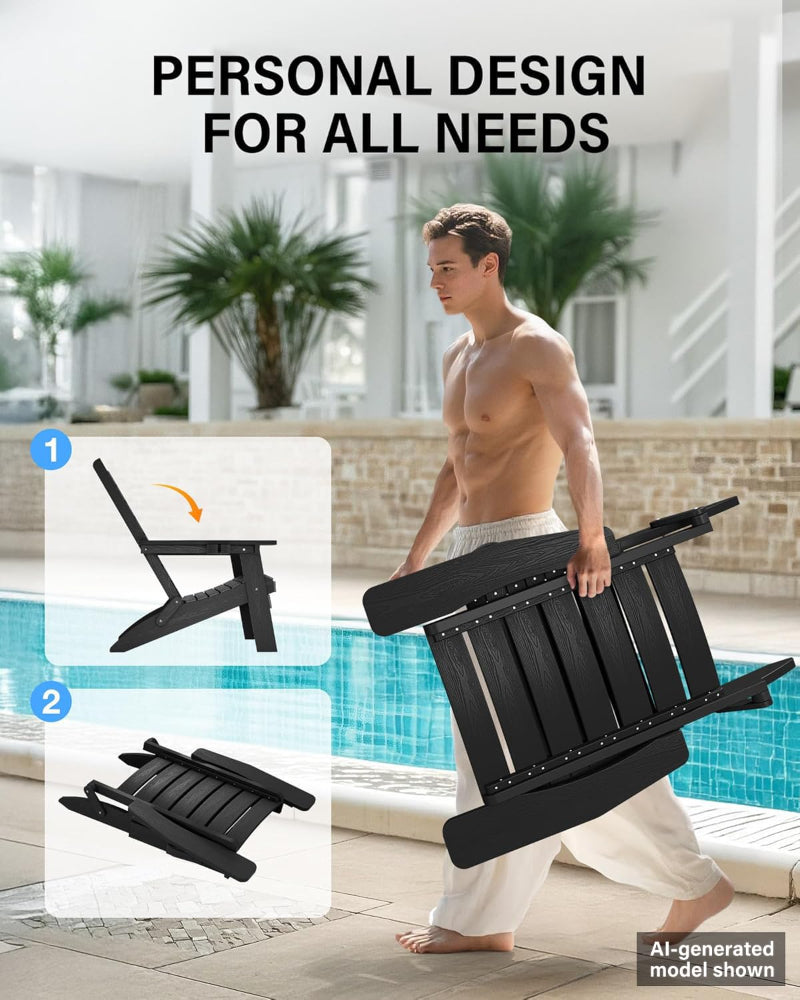 Man holding a black chair with additional components by a poolside, featuring text 'Personal Design for All Needs'.