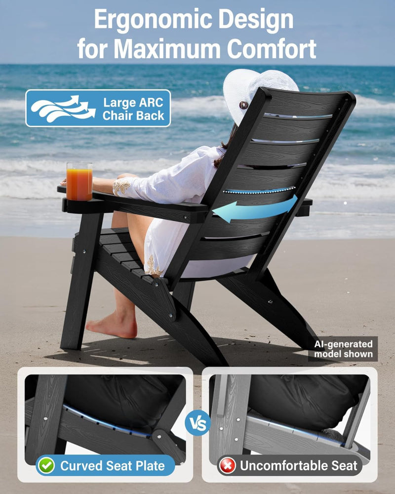 Person relaxing on a beach chair with ergonomic design features highlighted, set against a beach background.