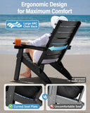 Person relaxing on a beach chair with ergonomic design features highlighted, set against a beach background.