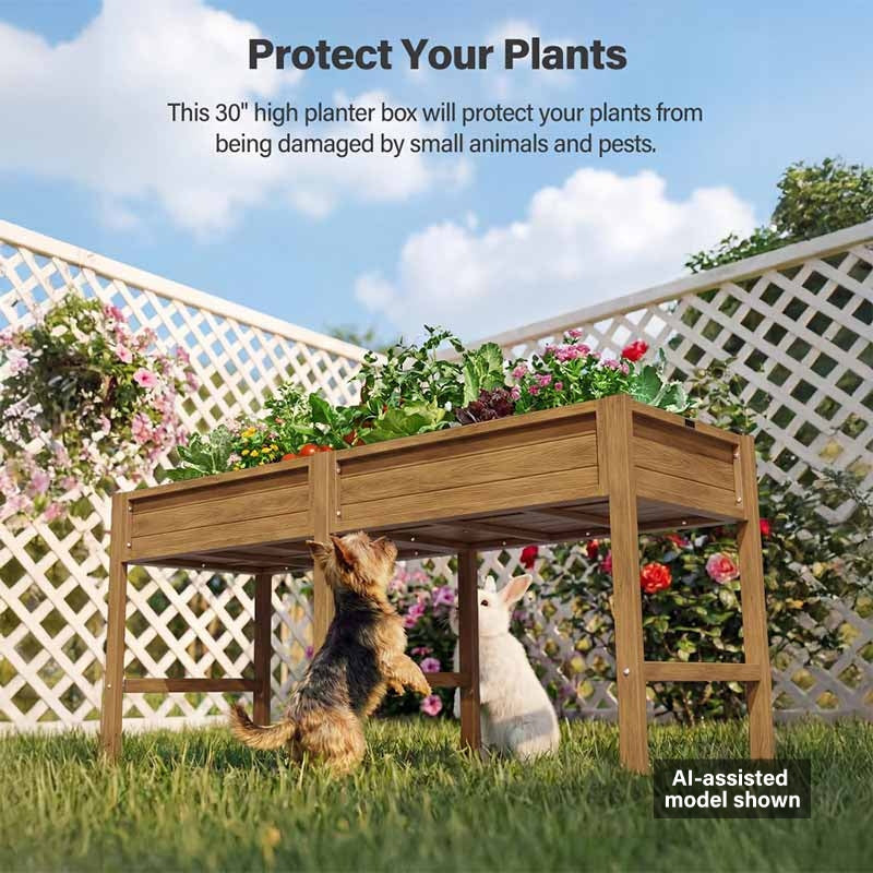 Wooden planter box with plants, dogs, and a rabbit in a garden setting.