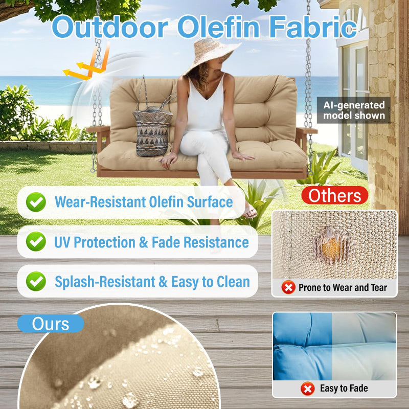 Outdoor Olefin Fabric advertisement with a woman on a swing and fabric properties listed.