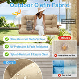 Outdoor Olefin Fabric advertisement with a woman on a swing and fabric properties listed.