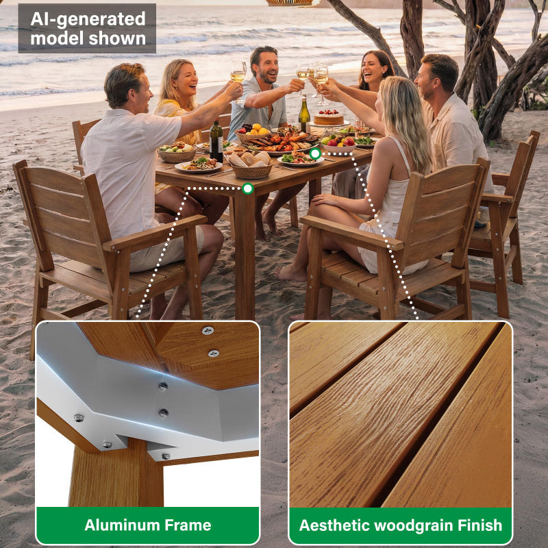 People enjoying a meal on a beach with wooden furniture, highlighting aluminum frame and woodgrain finish.