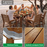 People enjoying a meal on a beach with wooden furniture, highlighting aluminum frame and woodgrain finish.