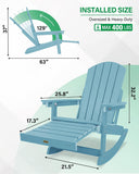 Blue Adirondack chair with dimensions and weight capacity displayed on a white background