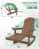 Teak outdoor rocking chair with attached footrest shown with installed dimensions and angle callouts on a light green graphic background. Text reads 'INSTALLED SIZE', 'Oversized & Heavy-Duty', and 'MAX 400 LBS'.