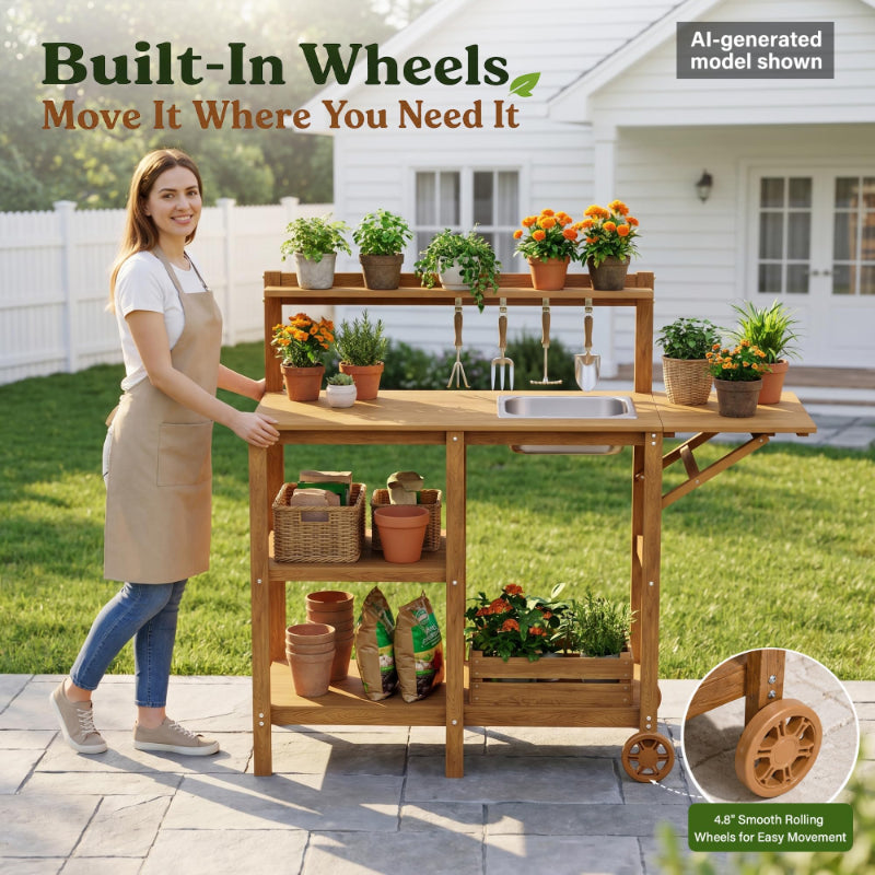 Woman pushing a wooden outdoor cart with plants and garden tools on a patio.