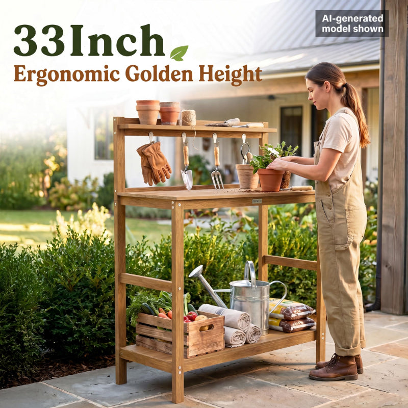 Wooden gardening cart with tools and plants, woman standing next to it outdoors.