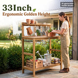Wooden gardening cart with tools and plants, woman standing next to it outdoors.