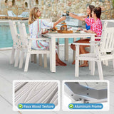 Two women sitting at an outdoor dining table by a pool, with close-up insets showing faux wood texture and aluminum frame details.