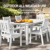 White outdoor dining set with table and chairs on a wooden deck, featuring text about outdoor all-weather use.