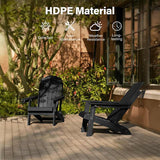 Two black chairs on a patio with HDPE material benefits displayed.