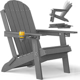 Gray Adirondack chair with cup holder and small table on a white background