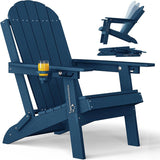 Blue Adirondack chair with cup holder, glass of orange juice, and folded chairs on a white background