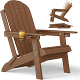 Wooden Adirondack chair with cup holder and small table on a white background