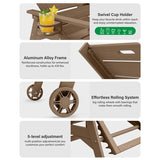 Product features of a wooden chair with swivel cup holder, aluminum alloy frame, rolling system, and 5-level adjustment.