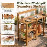 The wide-panel tabletop creates a flatter work surface for planting, repotting, and tool organization, making it an ideal gardening table for outdoors. The seamless middle and bottom shelves help prevent small tools, seeds, and supplies from falling into gaps, while the smooth HIPS surface wipes clean easily.