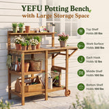 This YEFU potting bench with storage features 4-tier shelves and 4 hooks to organize tools, pots, soil bags, and supplies. The tabletop supports up to 300 lbs, while the middle and bottom shelves each hold 100 lbs, and the top shelf holds 20 lbs, making it a sturdy outdoor potting bench for daily planting and repotting.