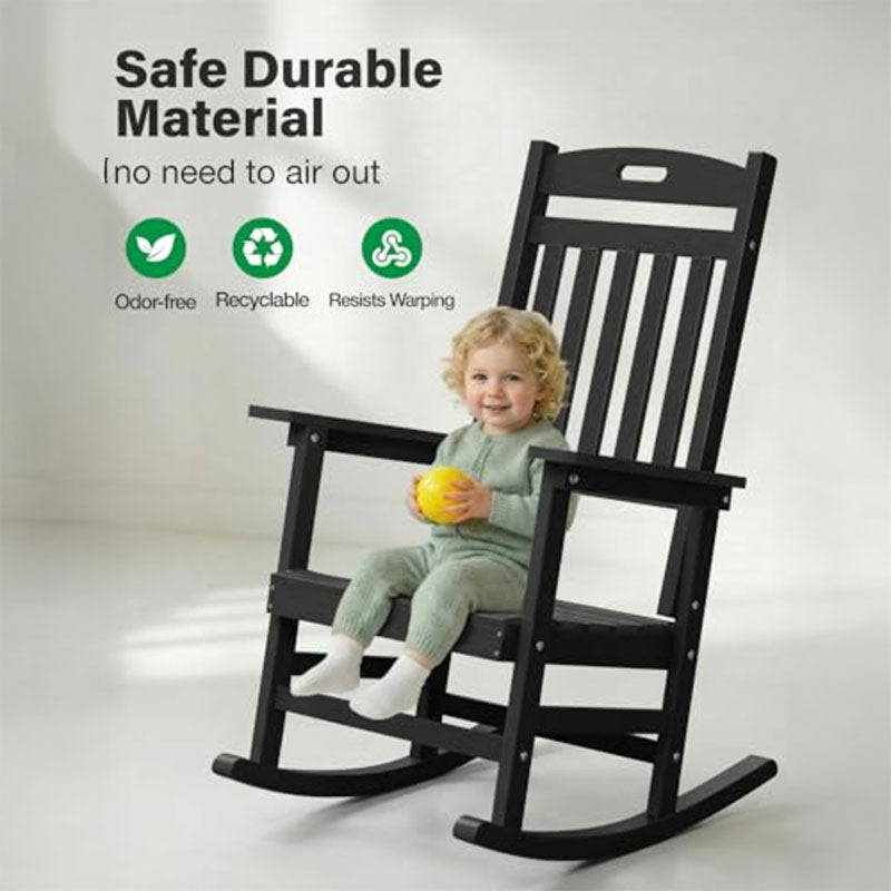 Child sitting in a black rocking chair with safety and durability features highlighted.