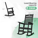 Black rocking chair with dimensions and load-bearing capacity label on a white background Product Dimensions	34.1"D x 27.2"W x 39.4"H  Maximum Weight Recommendation	350 Pounds