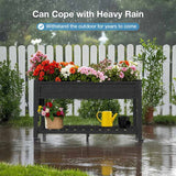 Gardening raised bed with flowers in the rain, text 'Can Cope with Heavy Rain' displayed.