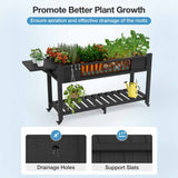Promote Better Plant Growth: The depth of the herb garden box is 8",which is enough to plant most crops. There are 12 drains at the bottom of the garden bed,so that the soil can fully absorb the water and drain the remaining water,ensuring aeration and effective drainage of the roots. In addition, slats are added to the bottom of the garden bed to increase the load-bearing capacity and will not collapse. The convenient shelf at the bottom keep tools and supplies organized and within easy reach.