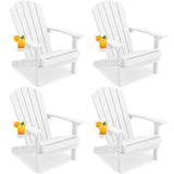 Four white outdoor Adirondack chairs arranged in a 2x2 grid on a white background, each shown with an orange cocktail in the armrest cup holder.