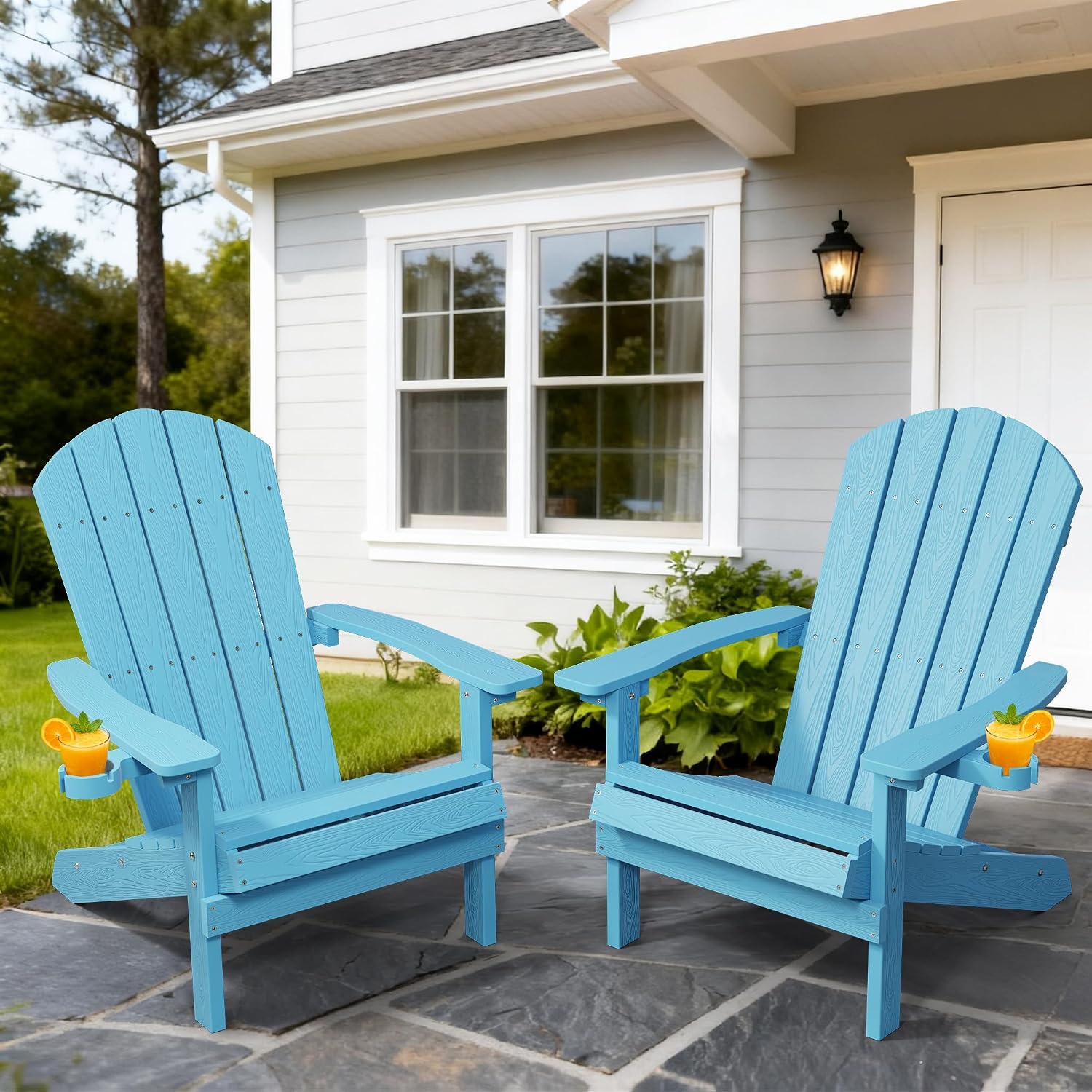 YEFU Adirondack Chairs Set of 2 with Cup Holder, Weather Resistant, Blue
