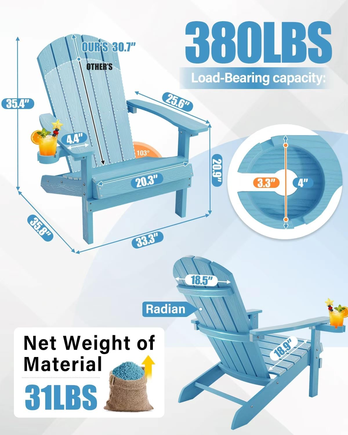 YEFU® Plastic Adirondack Chair with Wood Texture